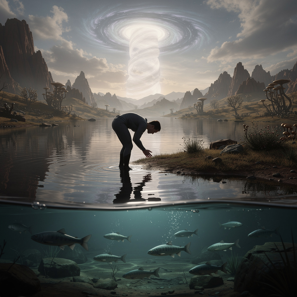 你到达湖边，喝它的水，并找到可以维持你数周的食物的鱼。