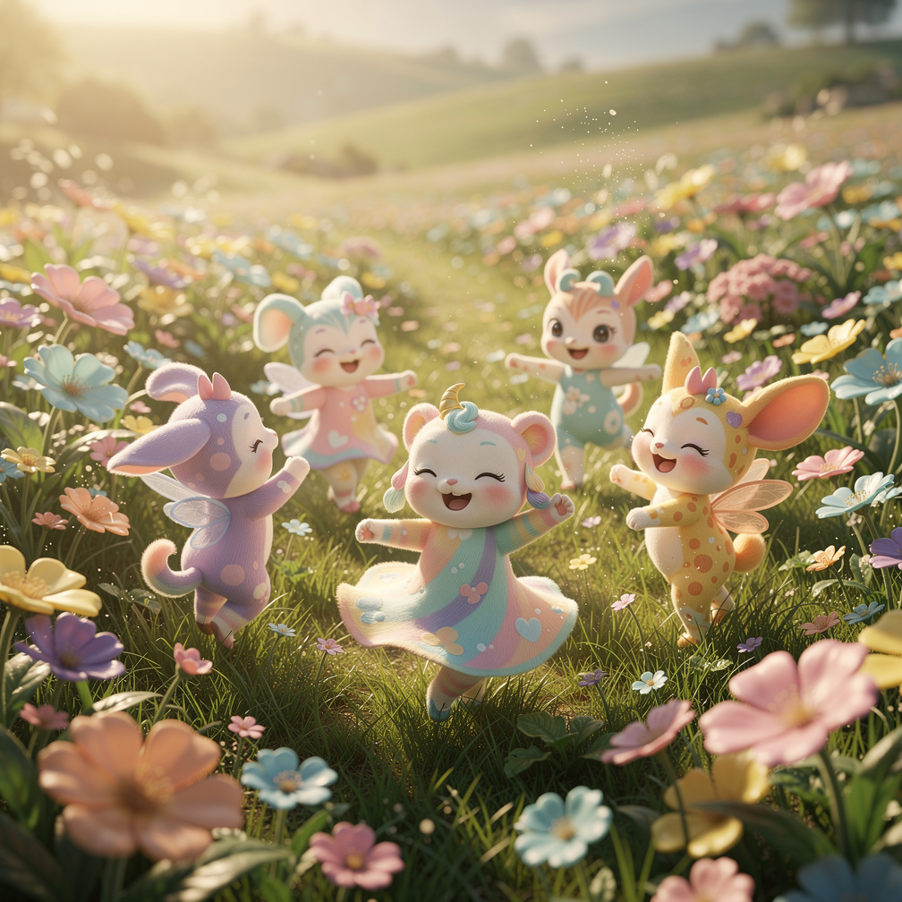 Elas dançam e brincam em meio às flores vibrantes.