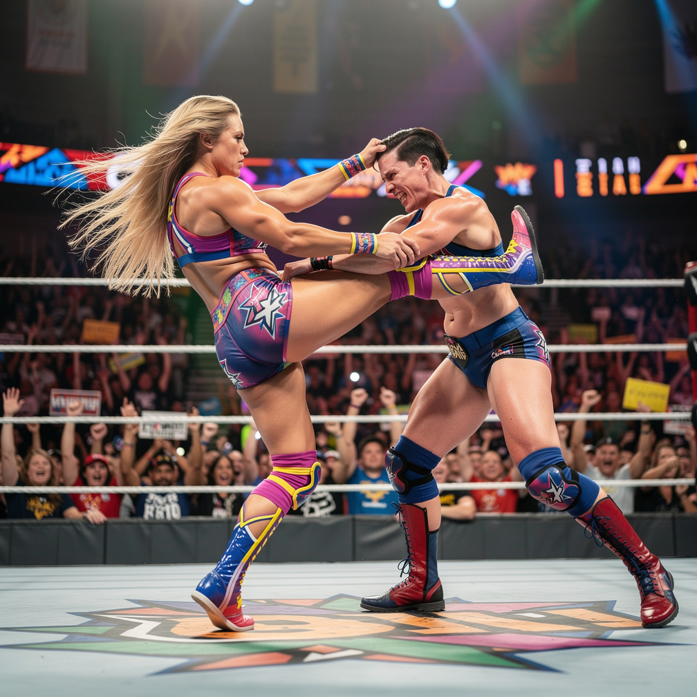 Charlotte Flair porte un coup de pied à Rhea Ripley qui riposte avec une prise puissante.