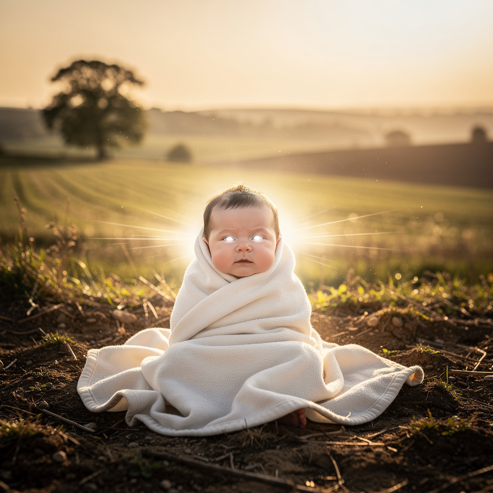男孩的眼睛闪烁着异世界的光芒，他的第一声哭泣据说震动了大地。