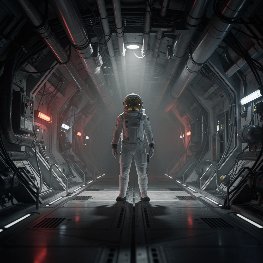 As I step into the dimly lit corridor, the AI's soft voice fades, replaced by the hum of life support systems and eerie silen