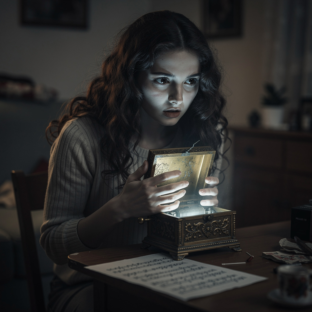 أخذت الصندوق بيد مرتعشة، وفتحت الغطاء، فصدرت منه نغمة مخيفة تذكرتها من مكان ما في ذاكرتي، وكانت الملاحظة تسألني عن سبب تذكرها
