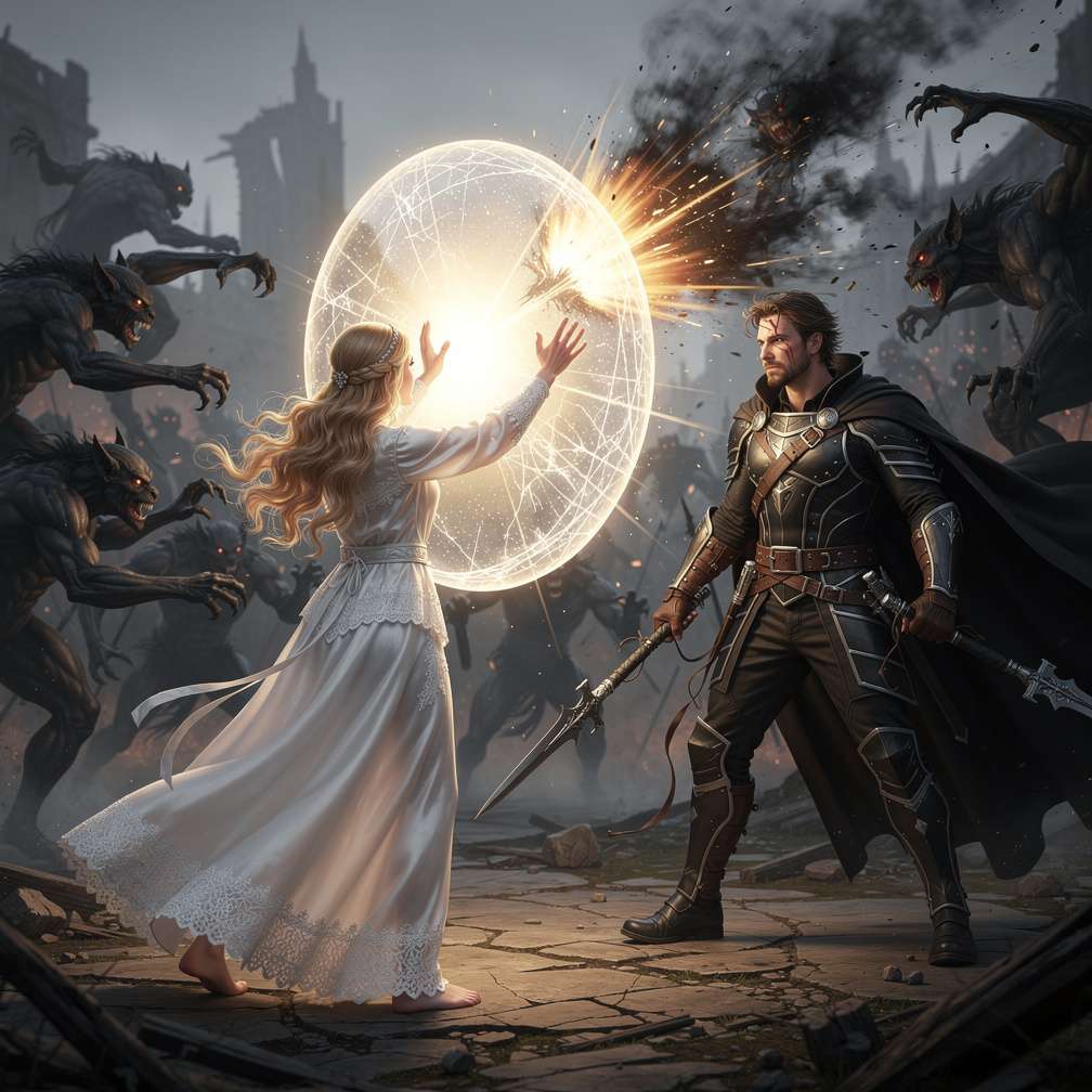 She summons a radiant shield, deflecting the dark creatures back at Tadeo.