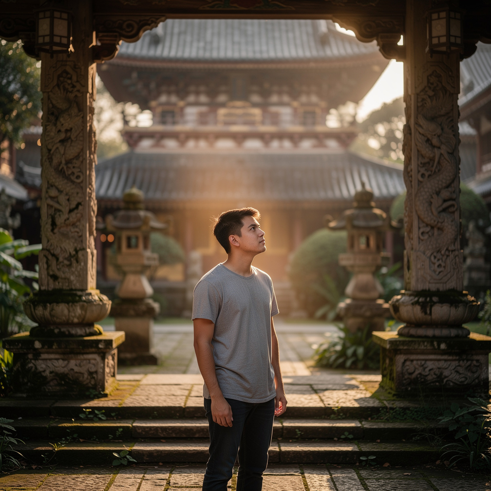 Softly illuminating the ancient temple grounds
