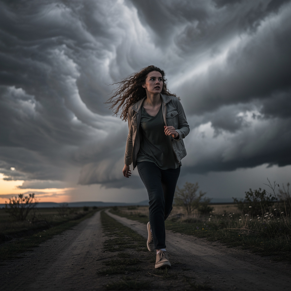 Dark clouds gather, thunder rumbles, and she quickens her pace.