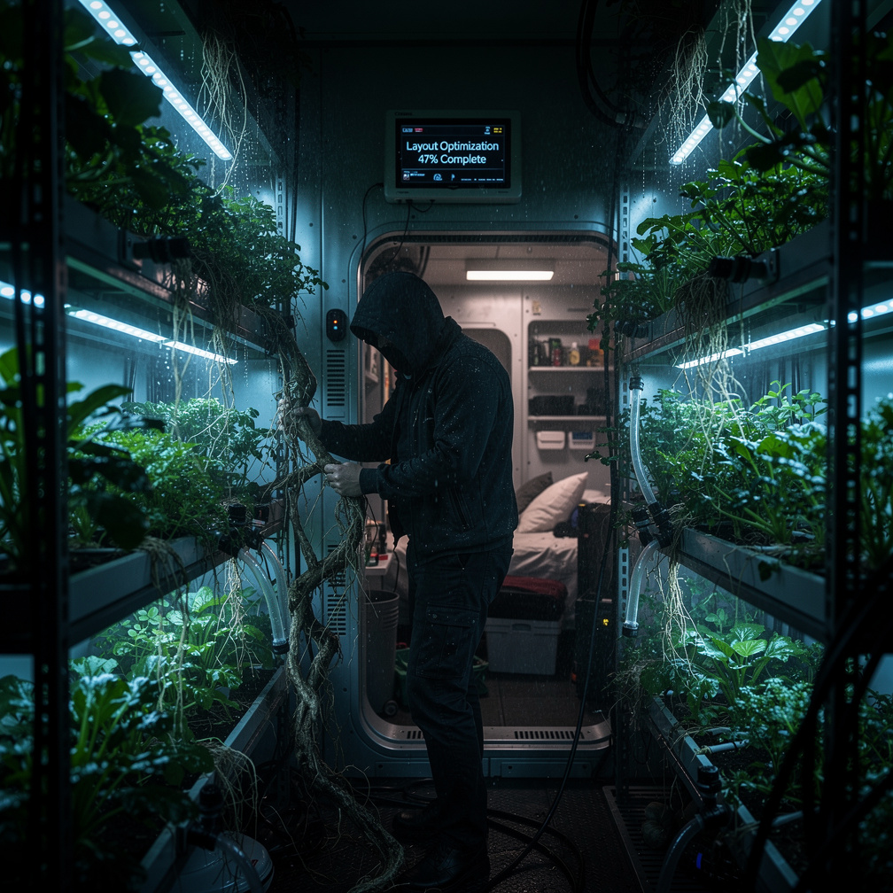 你迷迷糊糊地走进花园，躲避着滴水的管子和缠绕的植物根，发现墙上有一条神秘的信息：布局优化 47% 完成。