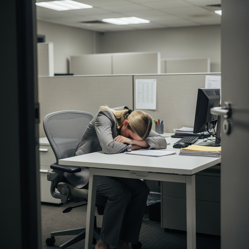 your boss walks in, noticing your exhaustion.