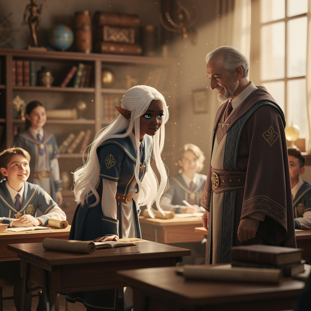 The teacher, Professor Orion, smiles warmly at the girl, saying, "Welcome, Akira, our new student." Akira's piercing blue eye