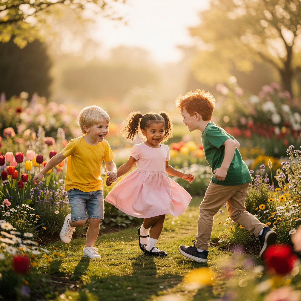 Children play in a heavenly garden, surrounded by flowers, soft light, and gentle breeze, laughing and chasing each other.