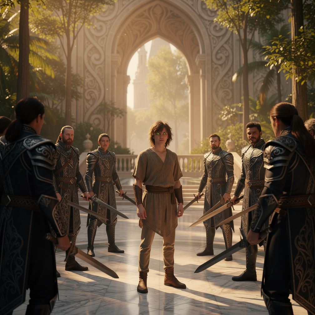 The ruler's guards arrived, surrounding me with an unsettling mixture of curiosity and hostility, as the ruler's voice echoed