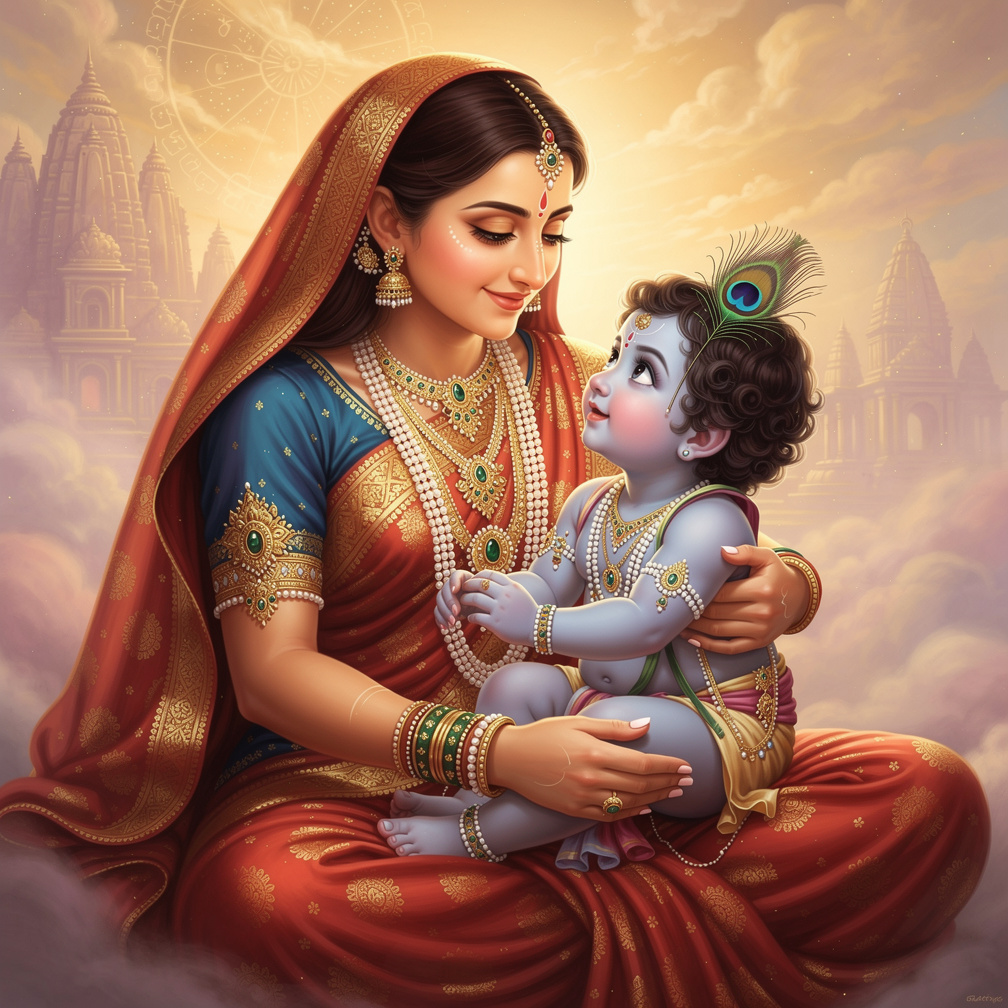 Baby Krishna's eyes sparkle as he gazes up at Goddess Durga's loving face.
