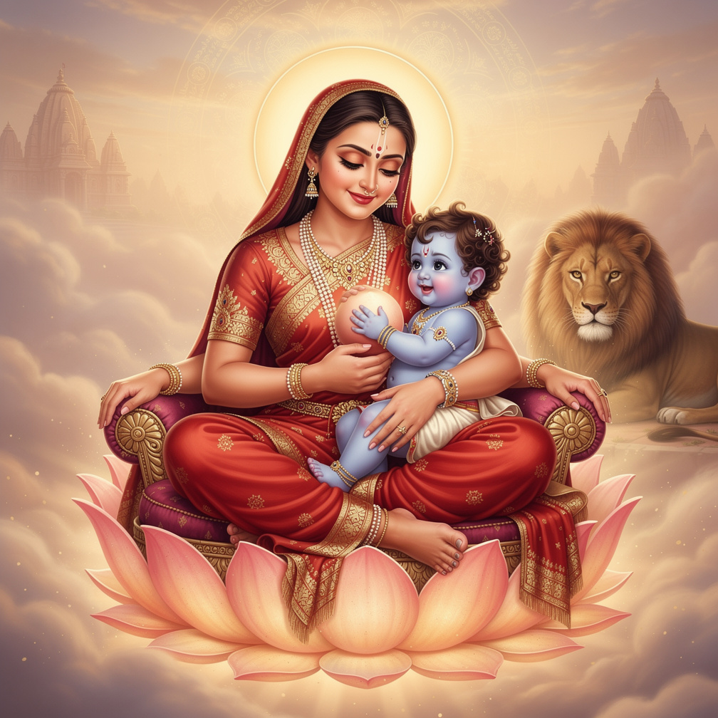 Baby Krishna's eyes sparkle as he sucks, a gentle smile on his face, Durga's warmth enveloping him.