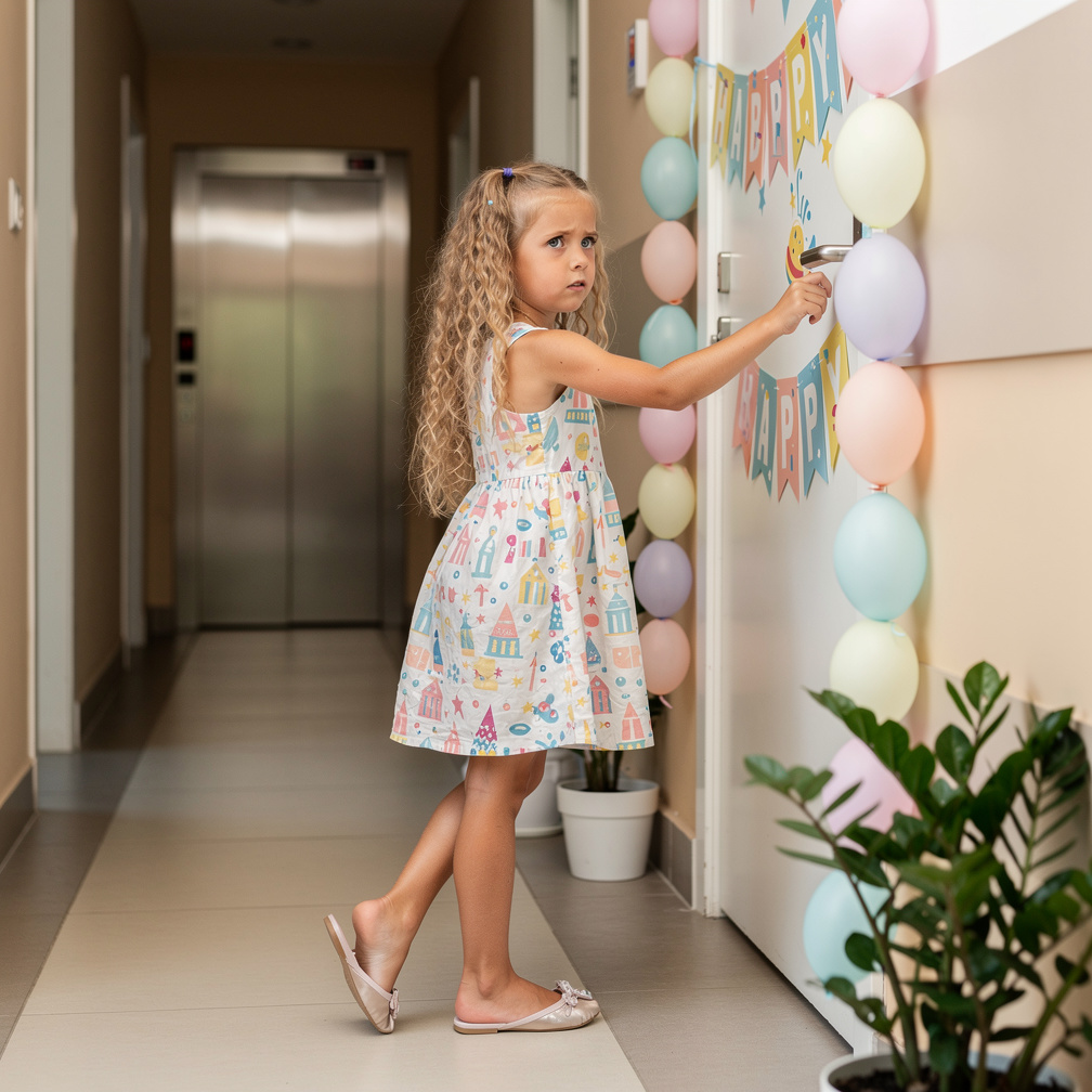She walks to her friend's door, bare foot and all, and rings the bell, hoping her friend won't notice her missing shoe.