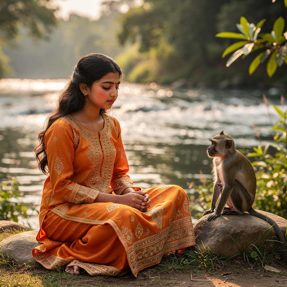 As she speaks, a monkey appears on a nearby rock, watching her intently.