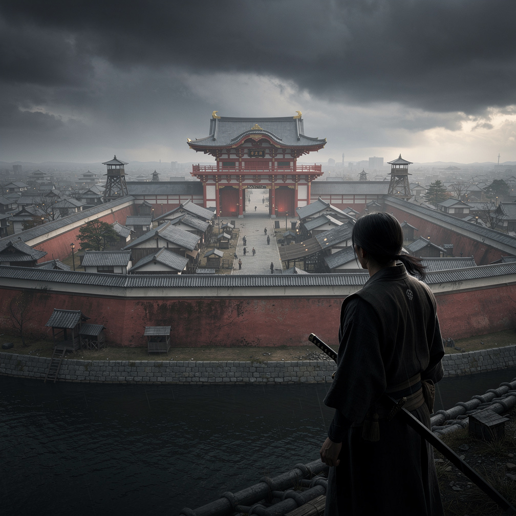 The rogue, Kaito, gazed out at the kingdom, his eyes fixed on the crimson gate, a symbol of Edo's power, now a reminder of it