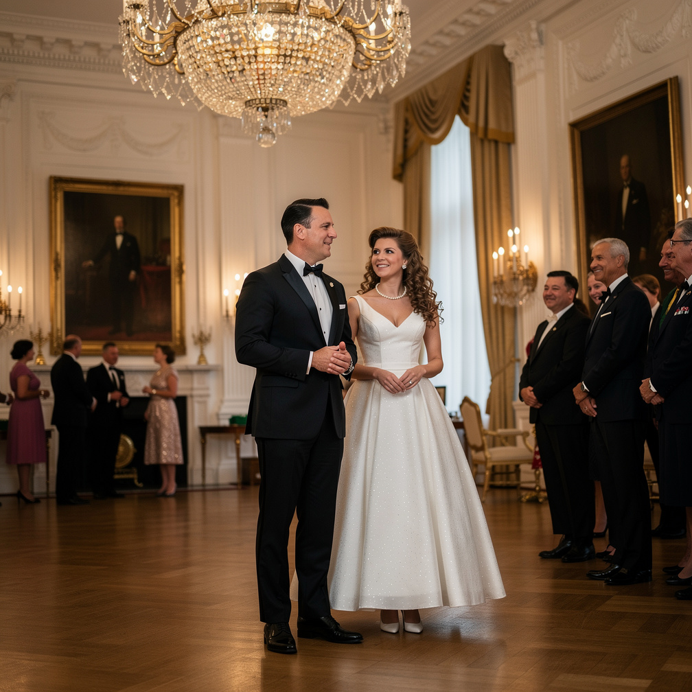 The First Lady's elegant gown sparkled under the chandeliers as she exchanged warm smiles with foreign dignitaries, her husba