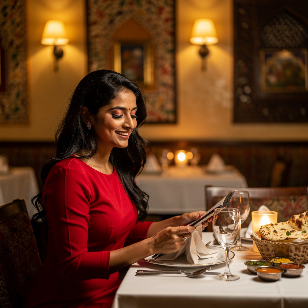 Kamu membawa Nora ke restoran India favoritmu, ia tersenyum saat melihat menu.