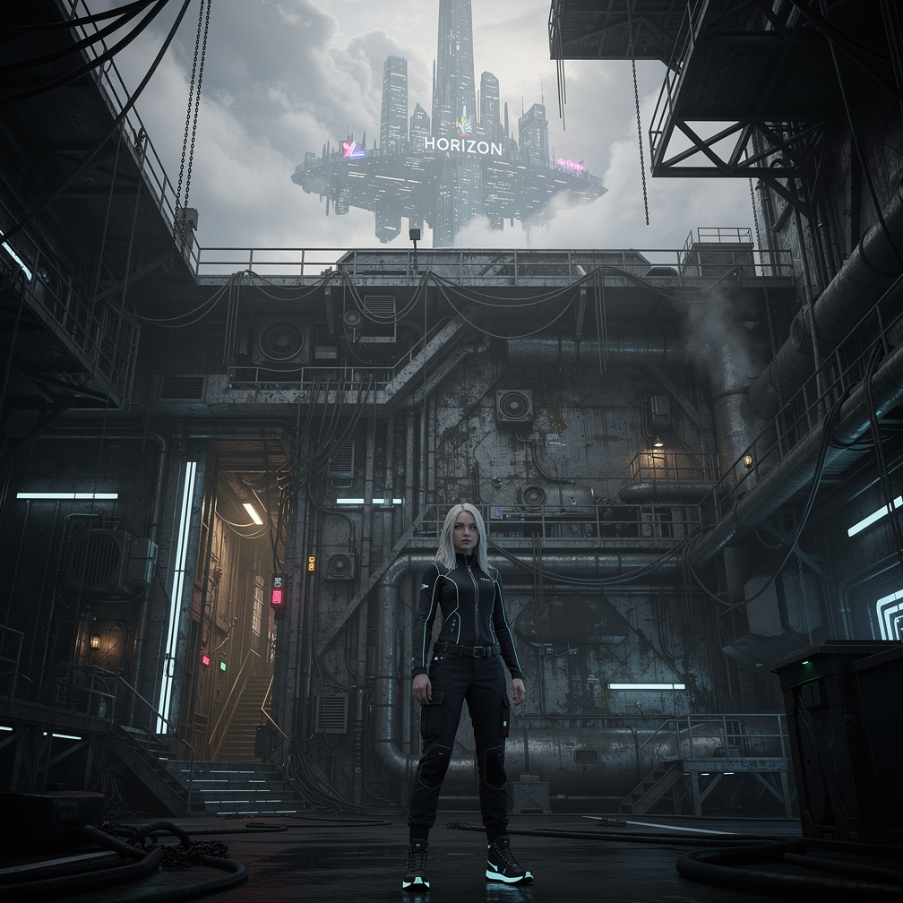 In the dark grey and neon blue hues of a gritty, dystopian world, a lone figure stands before the barrier, a towering wall th