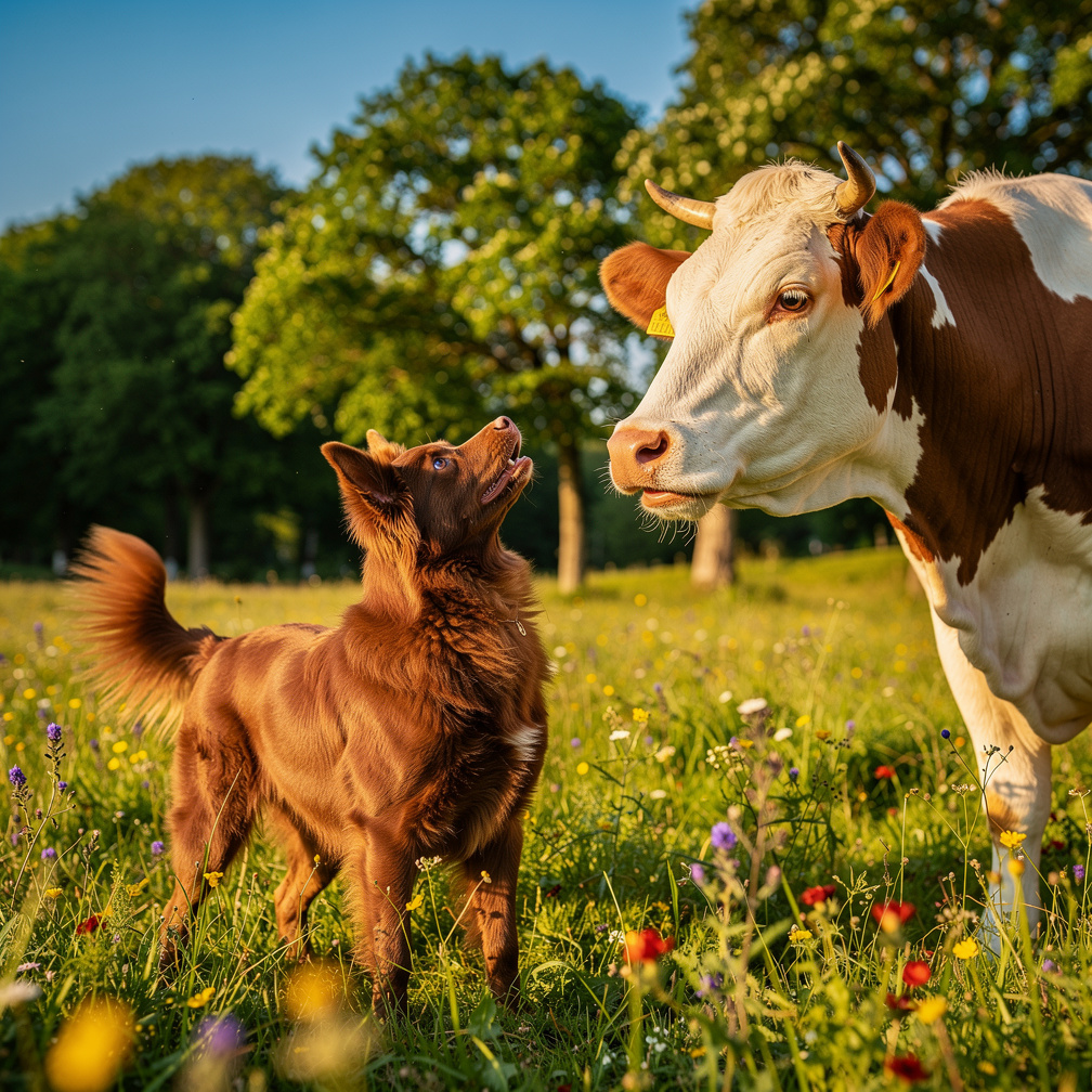 The cow listened intently as the dog explained the sun's fiery birth, its moos echoing curiosity.