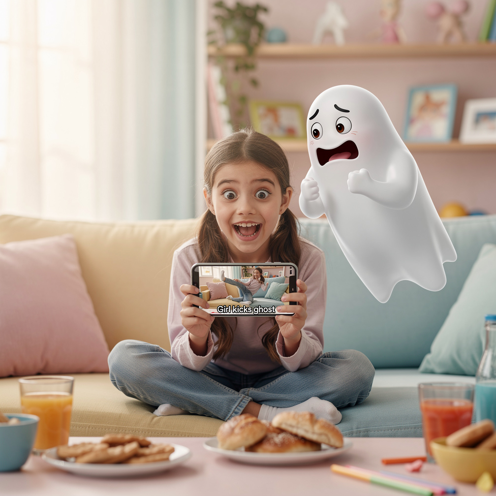 Ghost uploads video, captioning "Girl kicks ghost" and it goes viral, surprising the girl.