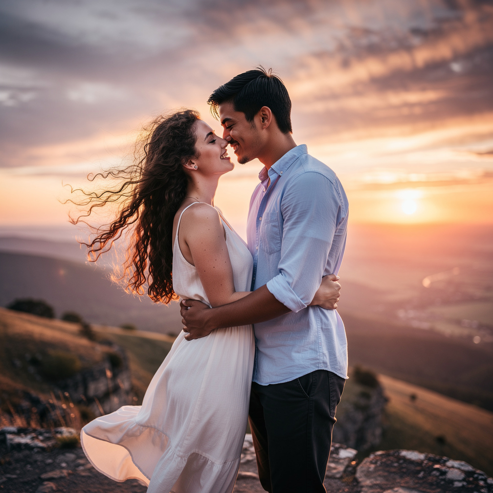 They stood on a cliff, warm sunset casting a gentle glow over their embracing figures.