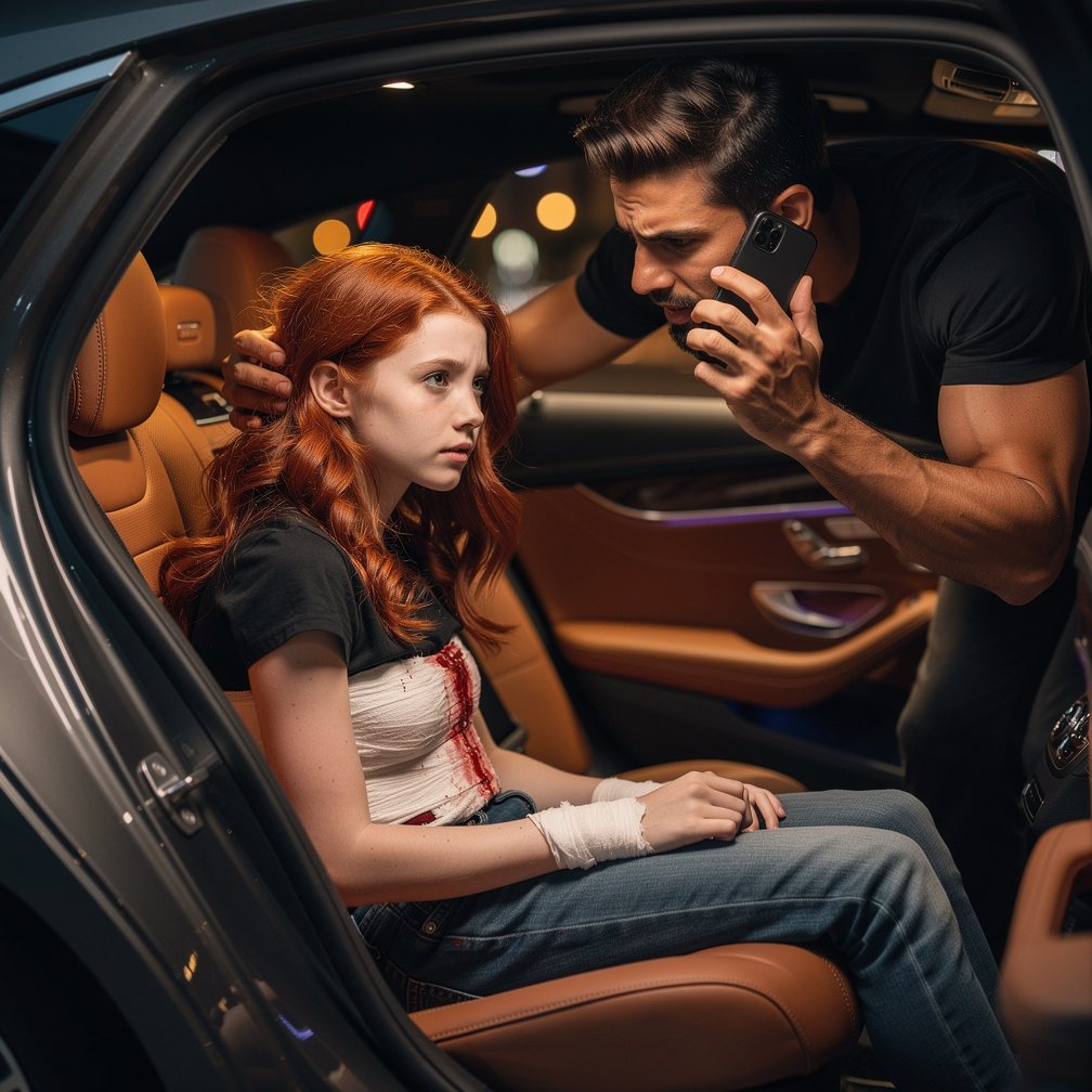 فتح الباب وحمل الفتاة الأحمر الشعر بهدوء و đặtها في المقعد الخلفي للسيارة، ثم تابع مكالمته الهاتفية قائلاً لشخص ما على الطرف 