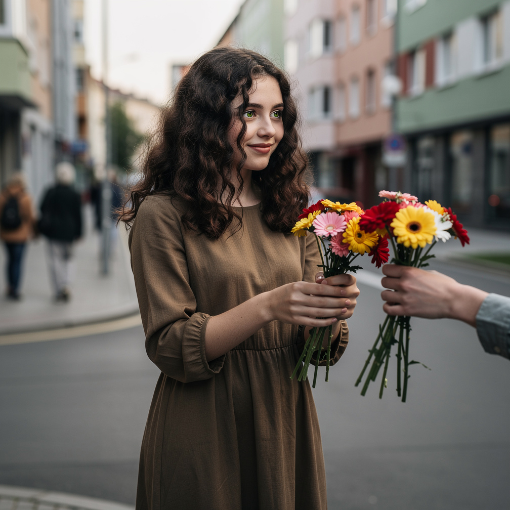 She smiled at strangers, her eyes a deep well of sorrow, as she handed out flowers on the street corner.