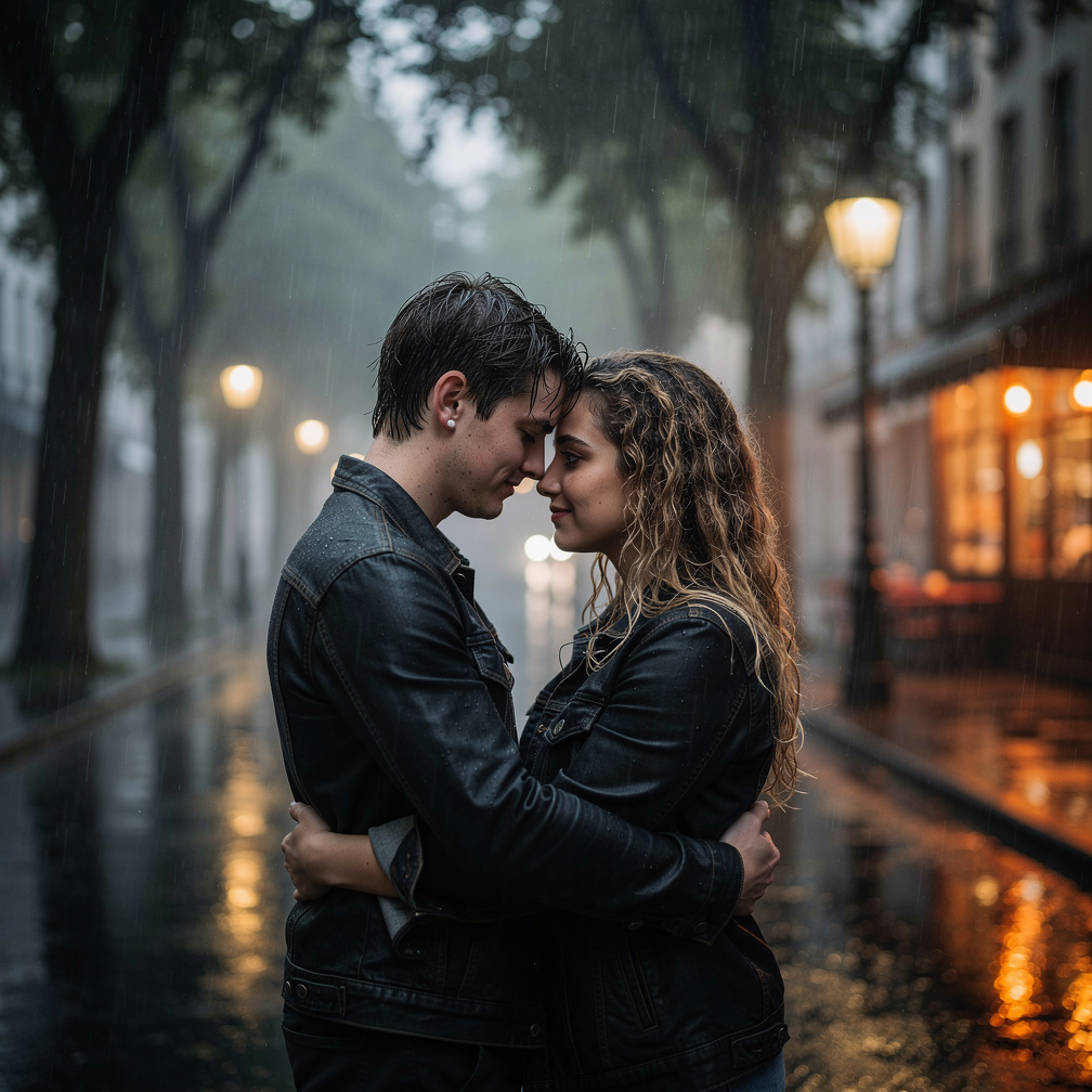 他们在雨中的时刻很宁静，他们的眼睛捕捉到了爱和宁静的一瞥。