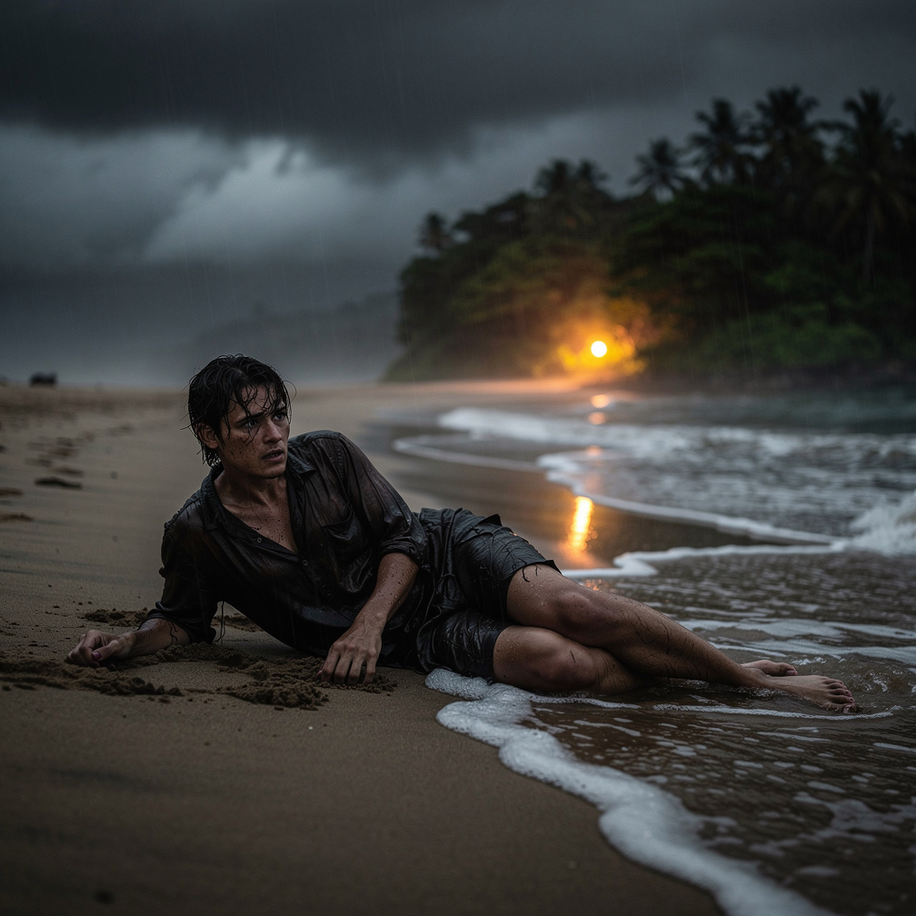 Je me suis échoué sur la plage, épuisé, et j'ai vu une lumière lointaine venant de l'île.