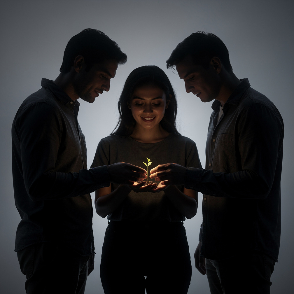 La chica sonríe y cubre la semilla con sus manos, los chicos la miran curiosos.