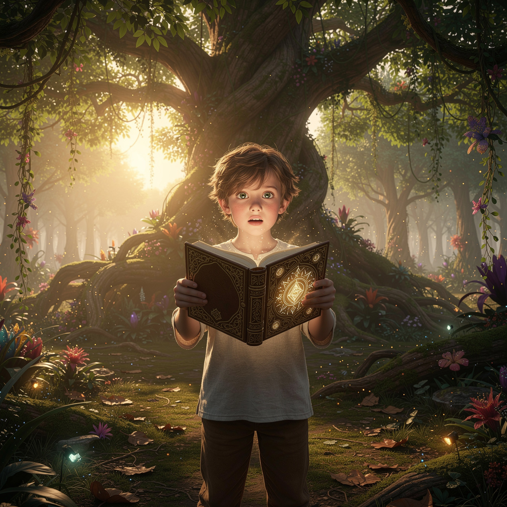 Di dalam hutan Rahasya, sebuah buku ajaib itu ditemukan oleh seorang anak laki-laki.