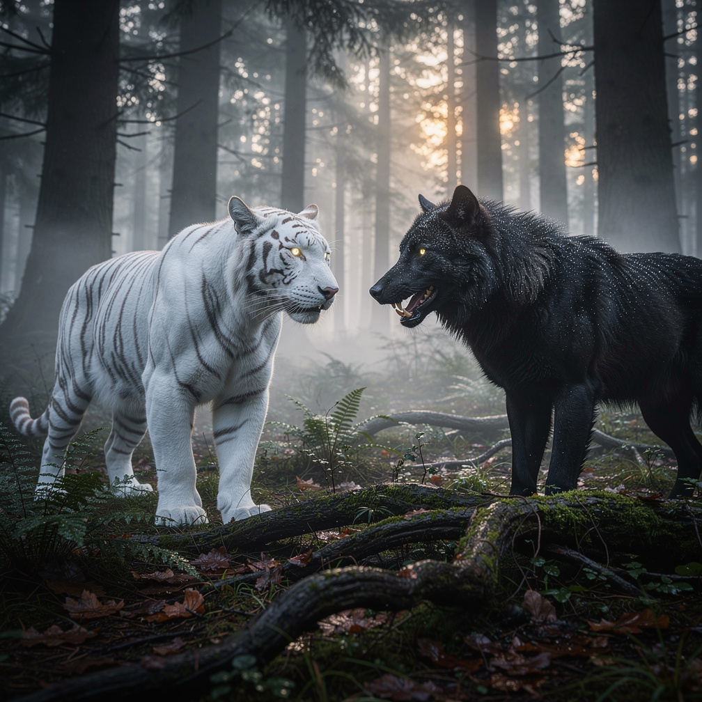 Kaito, de witte tijger, en Akira, de zwarte wilde wolf, kijken elkaar aan in het bos, hun ontmoeting is omhuld door spanning