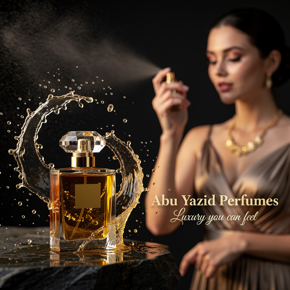 Soft focus transition, model appears, elegant gown, golden necklace, spraying perfume, sensuous expression.