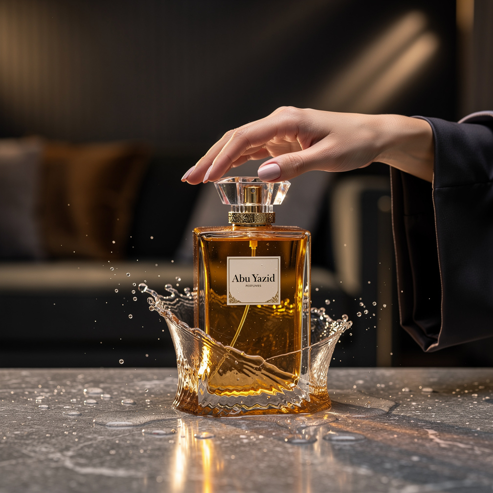 Camera zooms out, revealing a lavish room, soft music plays, a woman's hand reaches for the bottle.