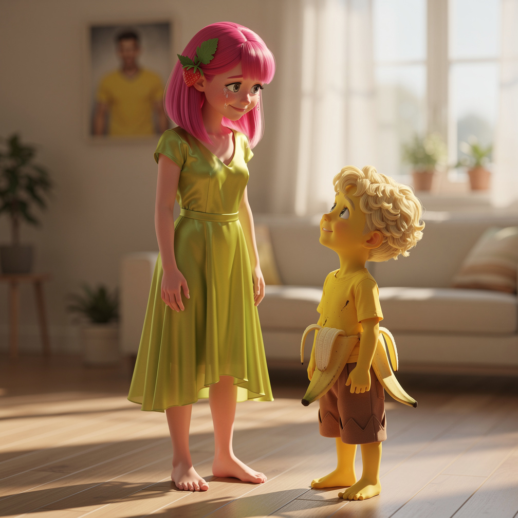 Banana kid's curiosity grows, he asks about his father, strawberry's eyes well up with tears again.