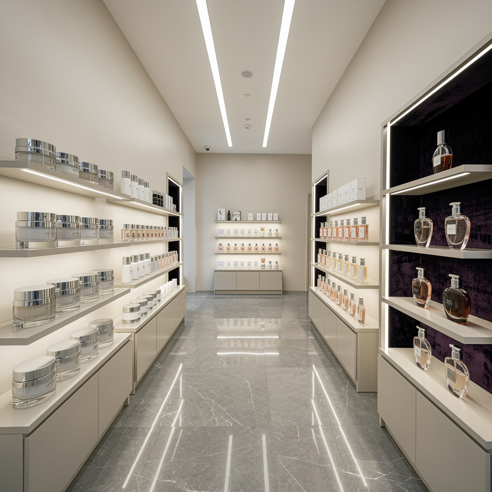 Des crèmes et des parfums élégants remplissent les étagères d'une boutique de luxe.
