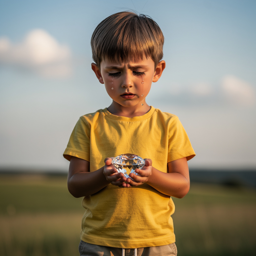 Tears fall as the boy holds the pure water diamond, wondering why the bird left.