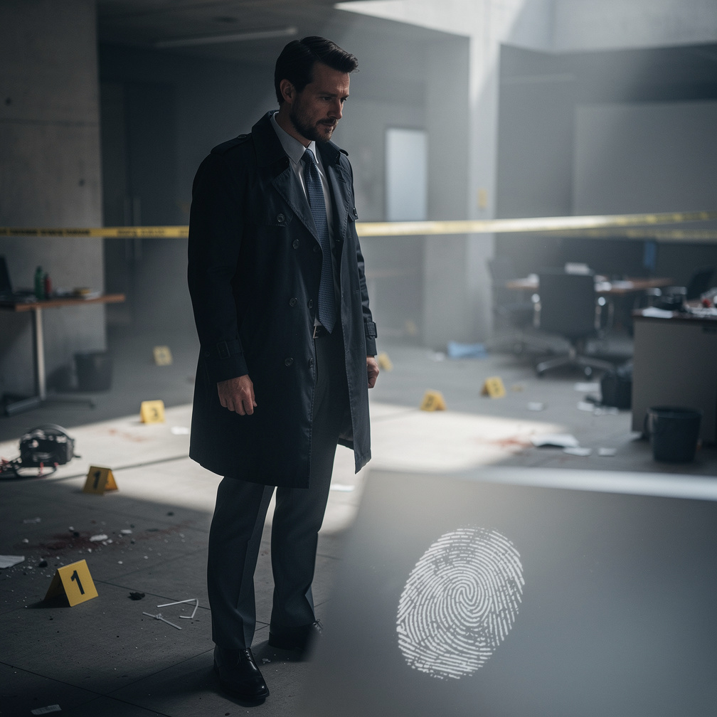 Justin's eyes locked onto the latest crime scene, a chill running down his spine as he noticed a faint fingerprint that seeme