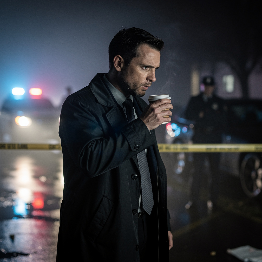 Justin sipped his coffee, eyes locked on the latest crime scene, his mind racing with the perfect alibi.