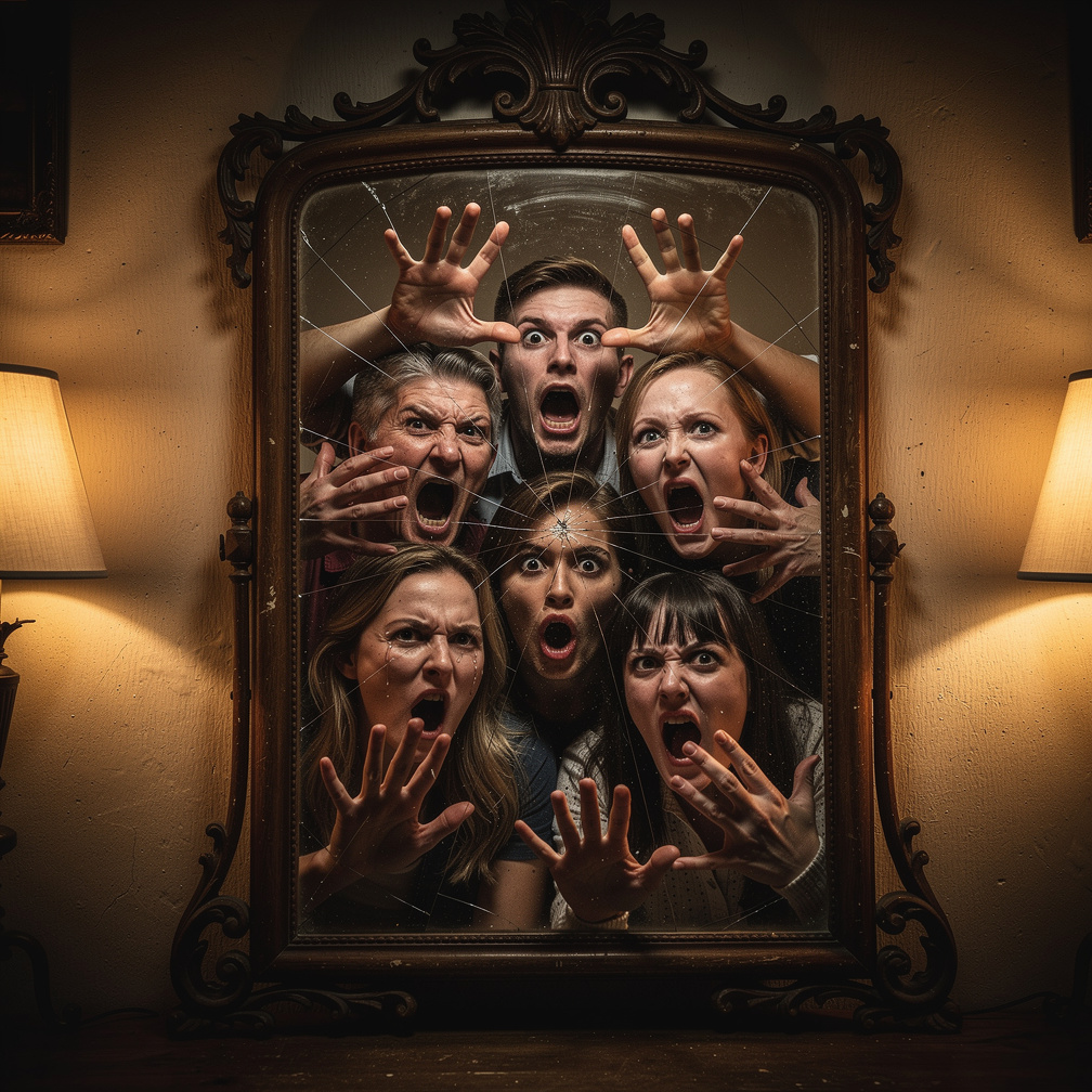 Faces press against the glass, mouths twisted in silent screams, as they try to break free.