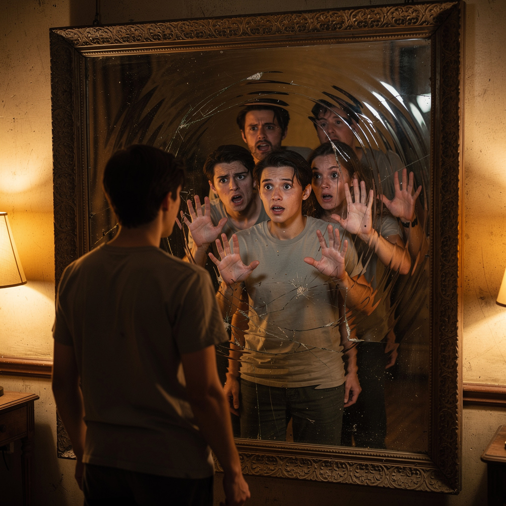 My reflection's eyes locked onto mine, a desperate plea for help as more reflections emerged, each one distorted and frustrat