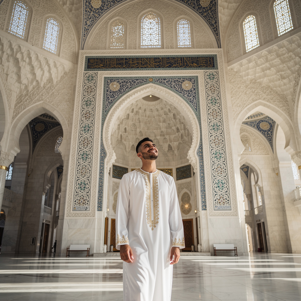 He stops in front of a grand mihrab, looks up, and smiles softly, as if sharing a secret with the intricate mosaics above.
