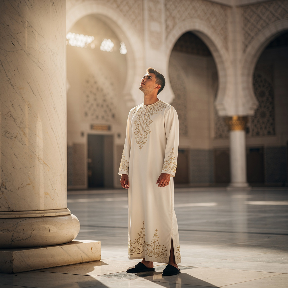 Sunlight filters through the mosque's intricate arches, illuminating the young man's determined face as he gazes upward.