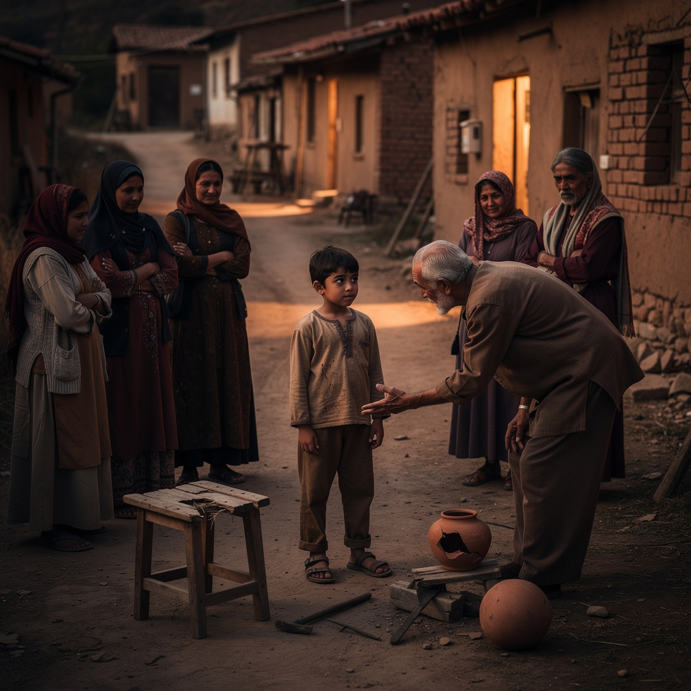 Villagers thanked Ali, and one elder asked him to fix more broken things, sparking an idea in Ali's curious mind.