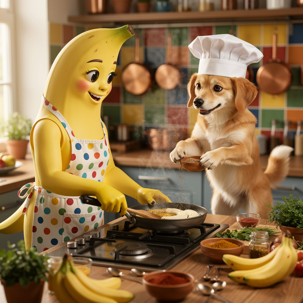 The dog, a skilled chef, added spices while the makeup-clad cook stirred the sizzling banana mixture.
