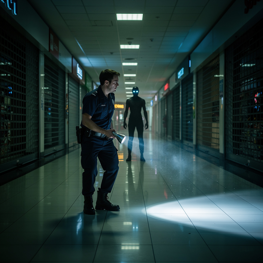 I patrolled the empty corridors, my flashlight casting eerie shadows. Suddenly, a figure emerged from the shadows, eyes glowi