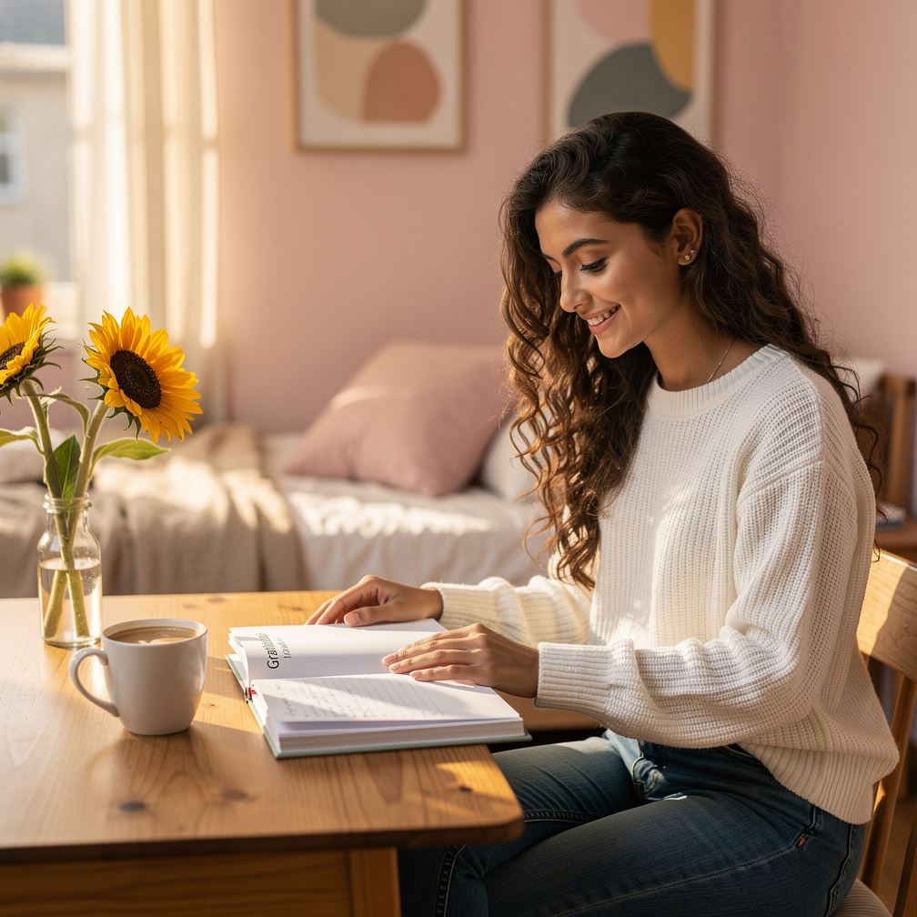 She started a journal to track her happiness, writing down small joys each day, like perfect coffee and sunny mornings.