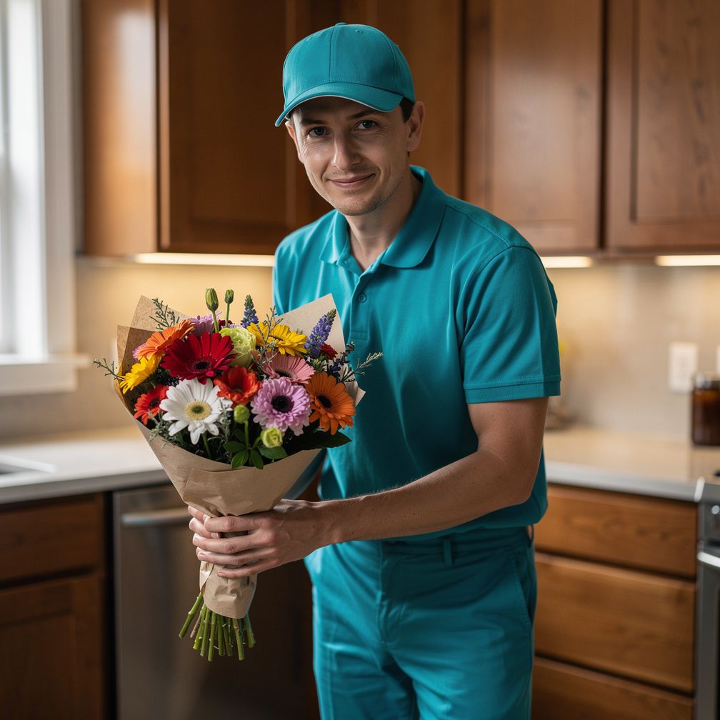 Se acerca a ti con el ramo de flores, pero sus ojos no dejan los tuyos, y su sonrisa se vuelve más intensa.
