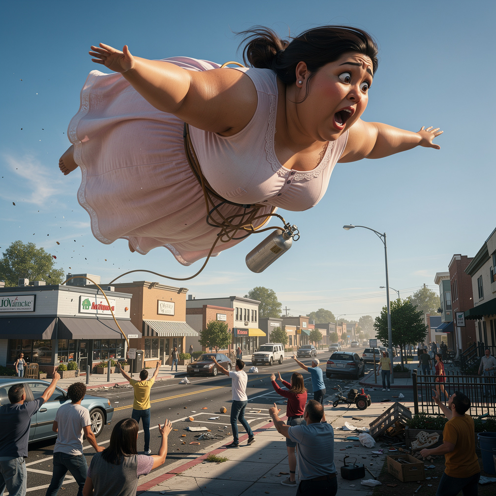 She drifts over a town, causing chaos, as people point and scream in a mix of fear and amazement.