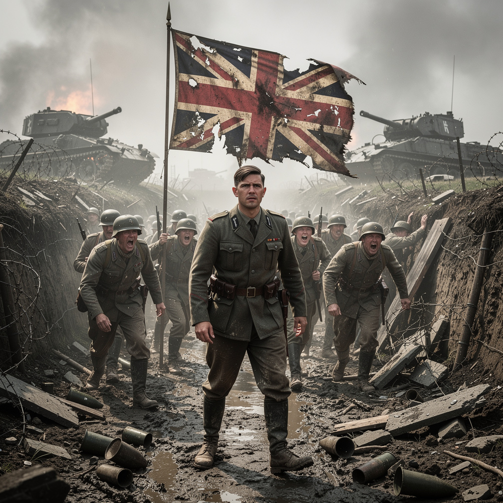 Blood-soaked soldiers stumble back, gasping for air, as a young German lieutenant, Hans, surveys the captured trench, his eye